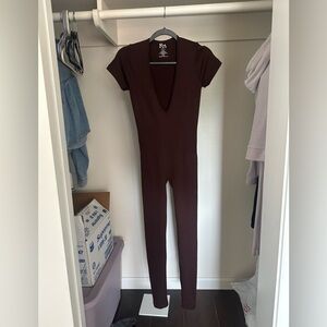 Deep V Short Sleeve Brown Jumpsuit